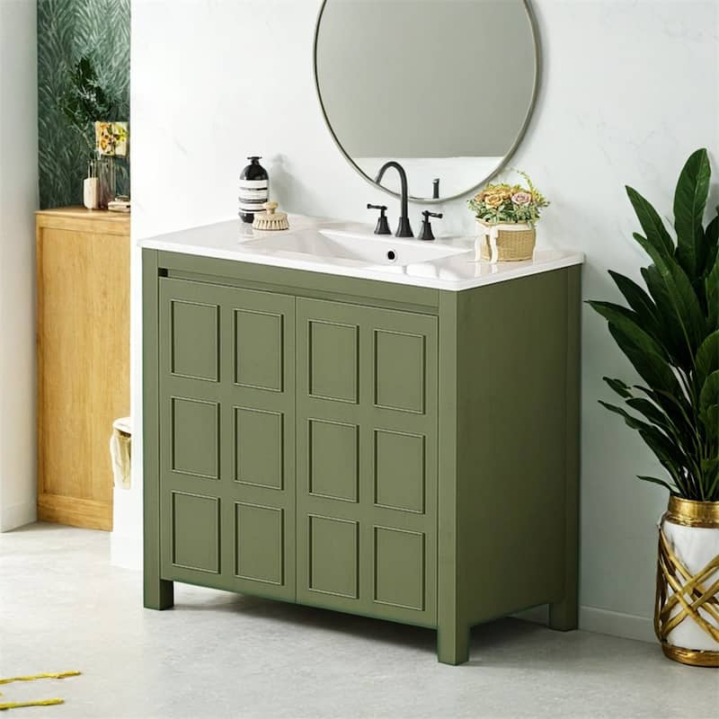 36 " Bathroom Vanity Organizer with Ceramic Sink,Set Storage Cabinet