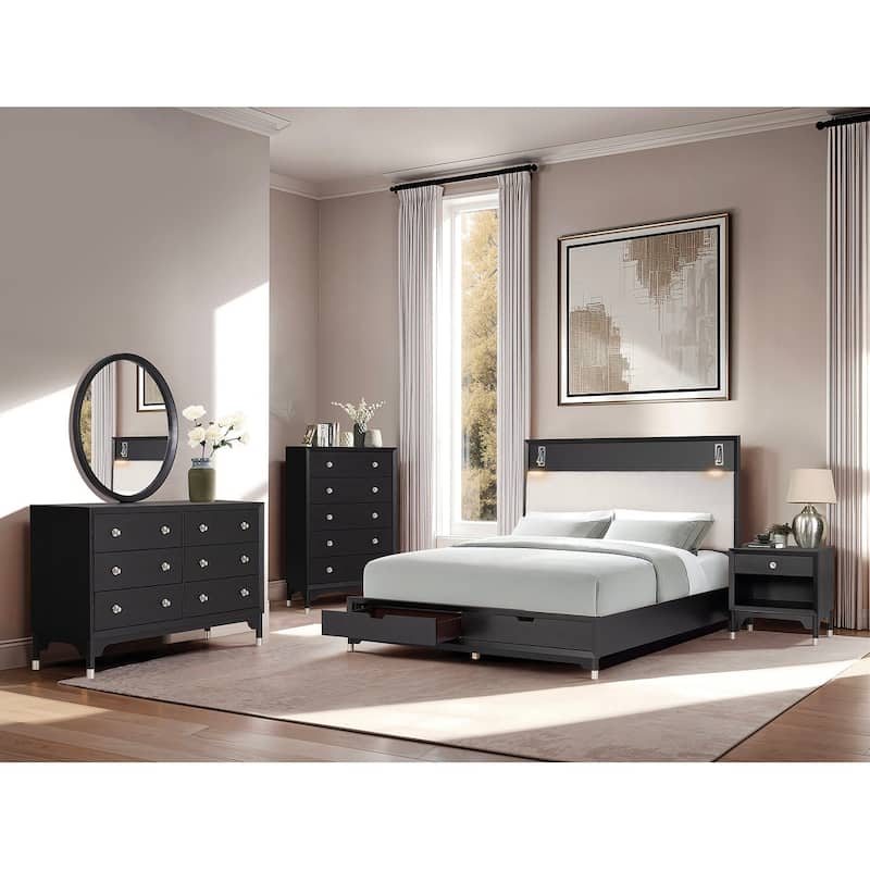 Mid-Century Modern Black Finish Bedroom Set with Boucle Headboard