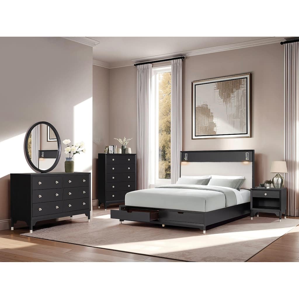 Mid-Century Modern Black Finish Bedroom Set with Boucle Headboard