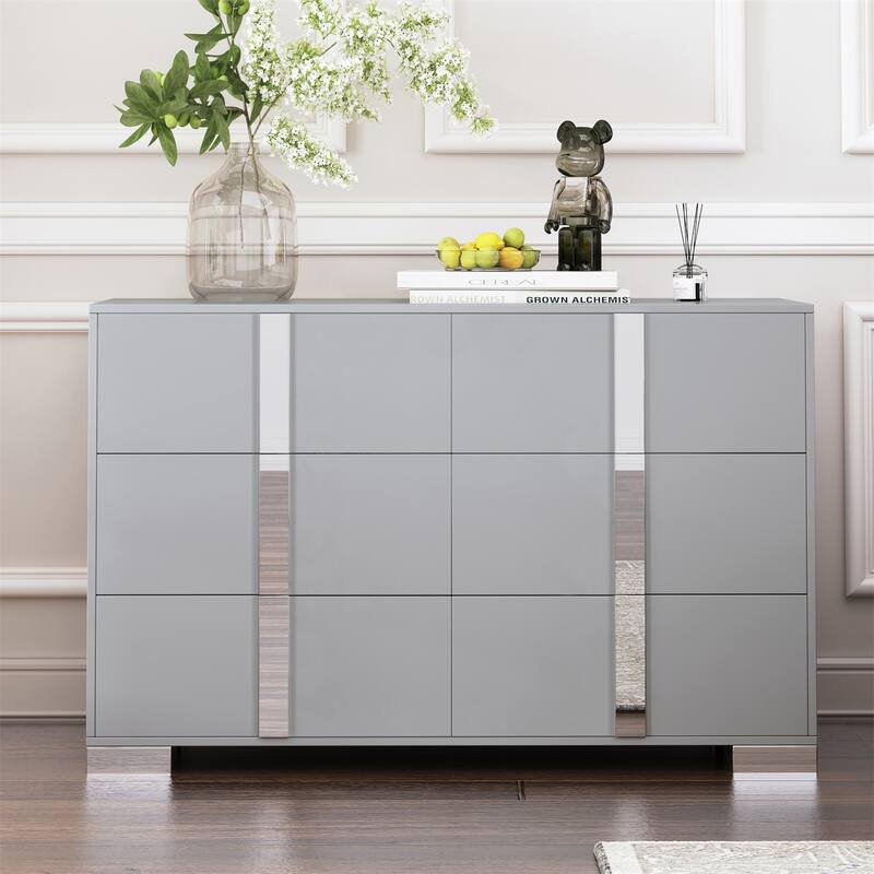 Modern Dresser with Metal Foot, Mirrored Storage Cabinet with 6 Drawers