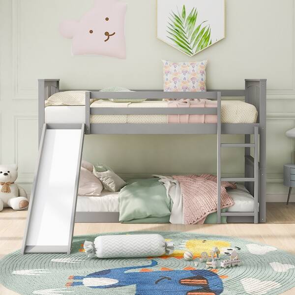 slide 2 of 25, House Shape Design Twin Over Twin Bunk Bed with Slide and Ladder Grey