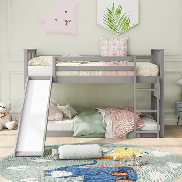 slide 2 of 36, Wood Twin over Twin Bunk Bed Frame w/ Slide & Ladder for Kids, Teens