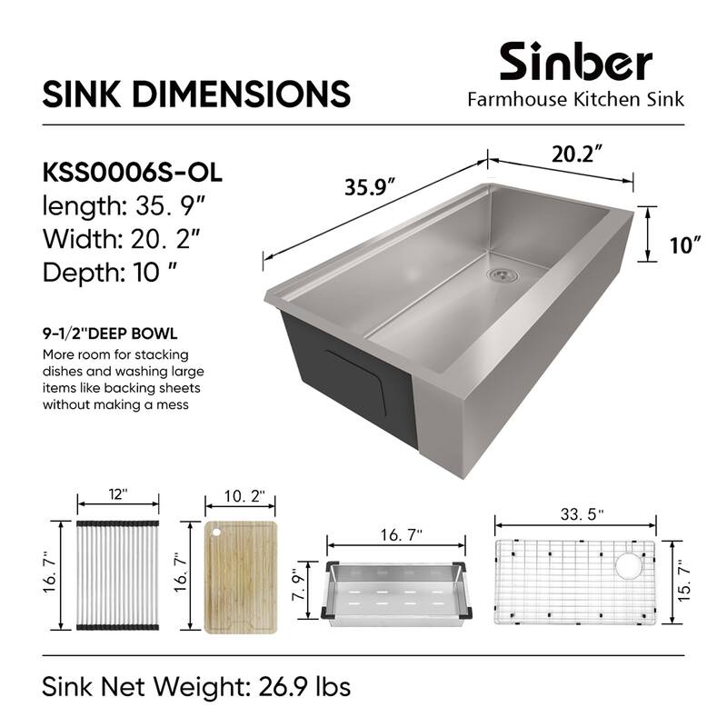 Sinber Farmhouse Apron Single Bowl 304 Stainless Steel Kitchen Sink