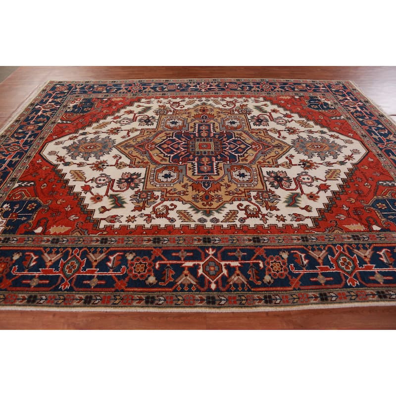 Hand Knotted Oriental 100% Wool Carpet Traditional Medallion Beige & Ivories Heriz (serapi) Area Rug - 11' 10'' X 8' 10''