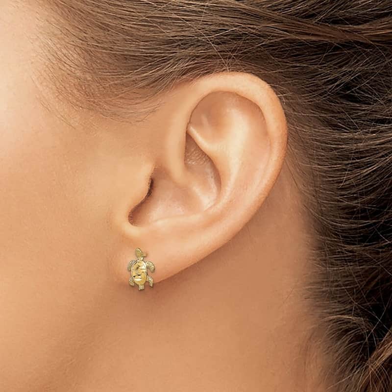 Curata 14k Yellow Gold Sparkle Cut Sea Turtle Post Earrings - 11x8mm