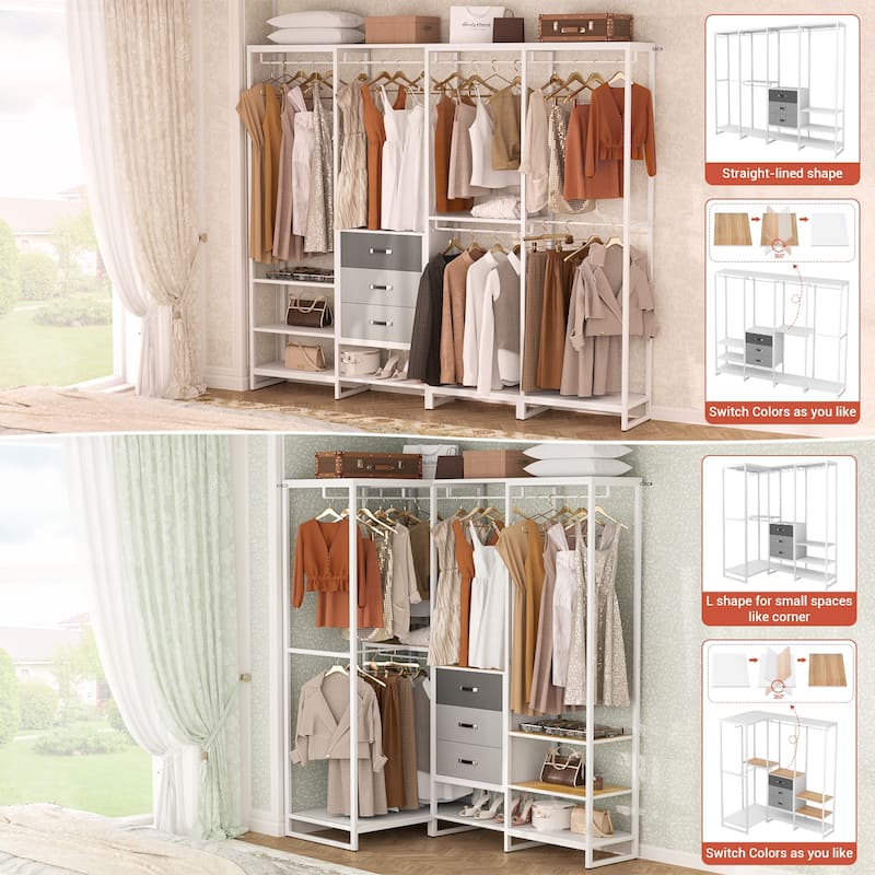 Closet Organizer with Wood Drawers, Garment Rack with Wood Shelves for Reach-in/ Walk-in Closet