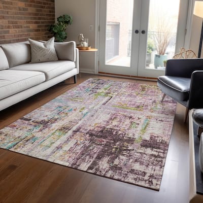 Machine Washable Indoor/ Outdoor Abstract Contemporary Chantille Rug