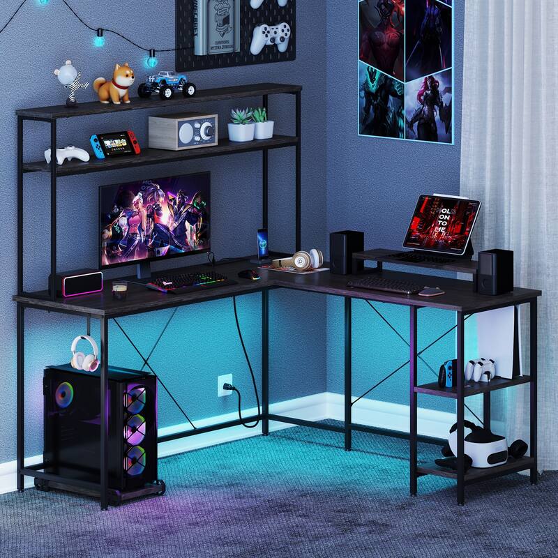 Engineered Wood L-Shaped Gaming Desk with LED Lights and Power Strip