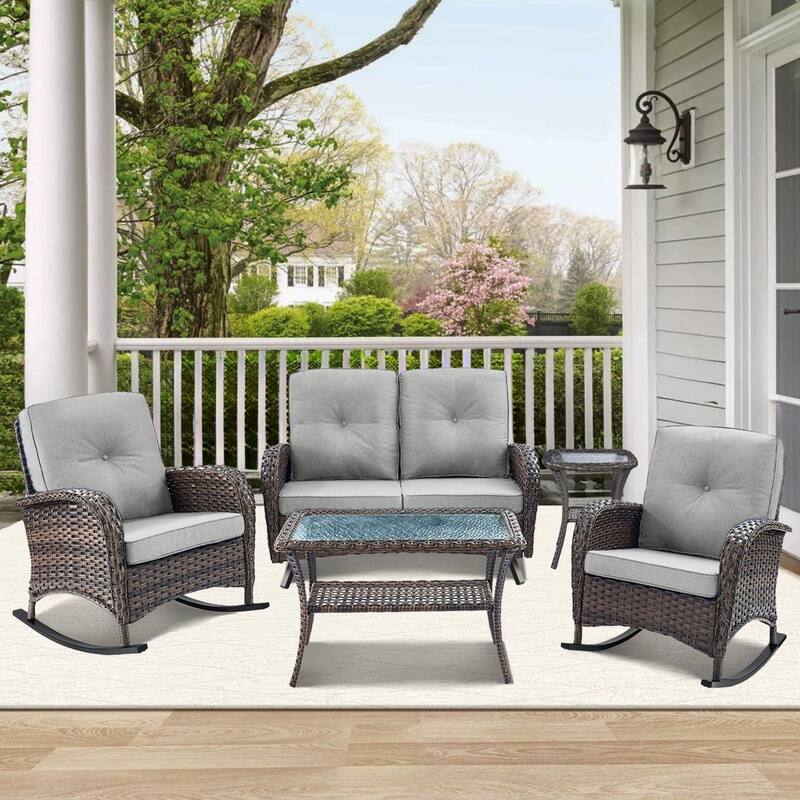 Patio Rocking Chair with Outdoor Glider Sofa - Brown - Gre