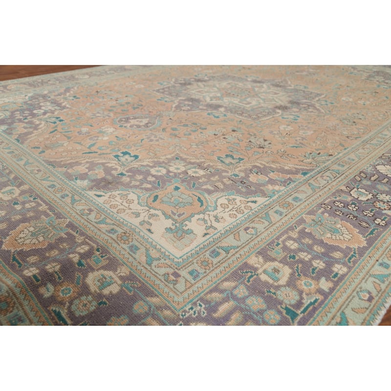 Distressed Tabriz Persian Vintage Rug Hand-Knotted Peach Wool Carpet - 7'10"x 10'8"