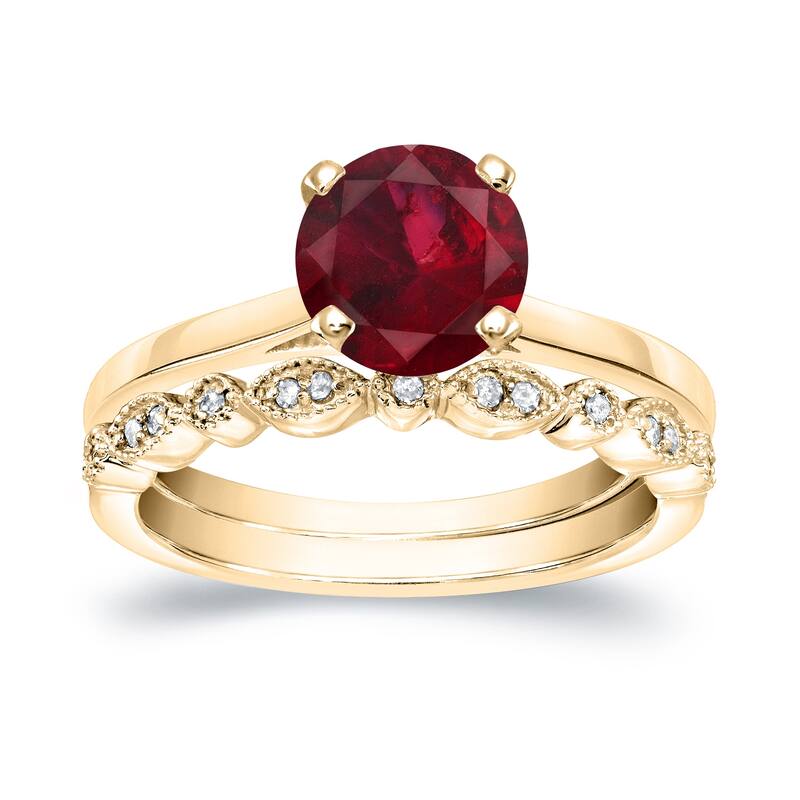 Auriya 14k Gold 1ctw Vintage Solitaire Ruby Engagement Ring Set 1/6ctw