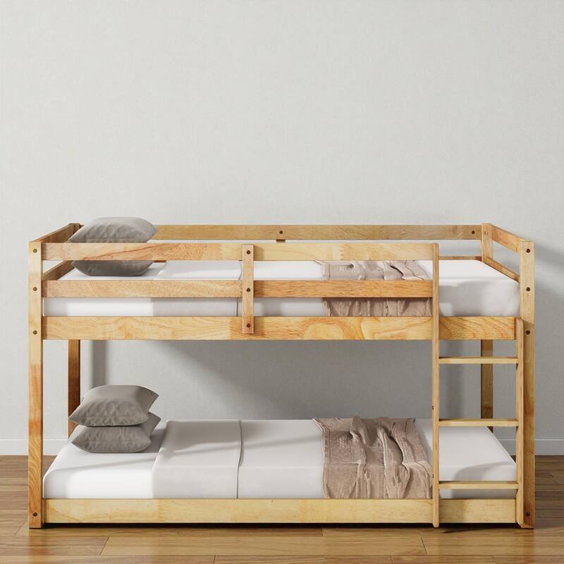 Solid Rubber Wood Twin Over Twin Floor Bunk Bed with Ladder, Low Height Design and Strengthened Slat Support - Natural - Twin