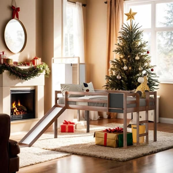 slide 2 of 16, Stylish Twin size Loft Bed Wood Bed with Convertible Ladder, Slide, Stair and Chalkboard, Safety & Fun, Maximized Space, Walnut Walnut