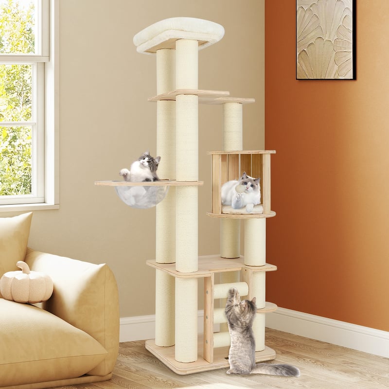 71 Inch Tall Wooden Cat Tree Tower with Cozy Perch Condo Space Capsule - 24" x 20" x 71"
