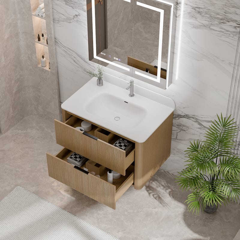 Modland Fluted Floating Vanity with Sink, Plywood Wall Mount Cabinet, Curved Edge, 24/30/36 Inch