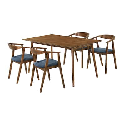 Wena Alana 5 Piece Dining Table Set, Walnut Brown Wood, 4 Blue Chairs