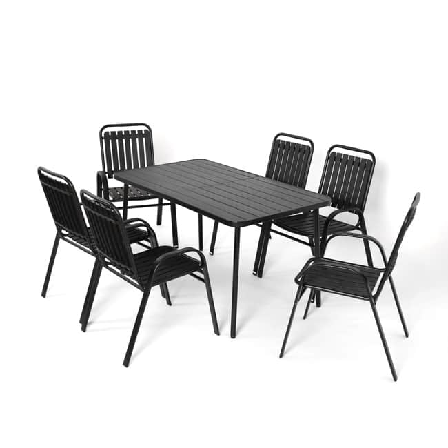 7-Piece Patio Dining Set - Plastic Chairs & Steel Table, Outdoor Garden Furniture‌‌ - Black