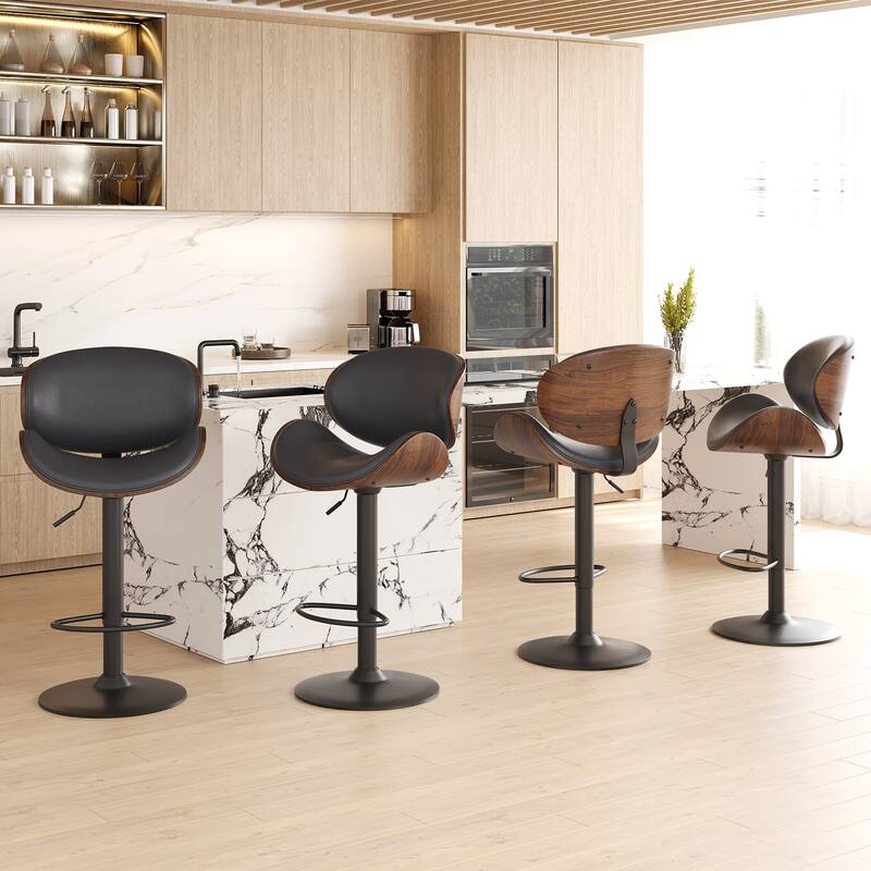 Swivel Bar Stools Set of 2, Adjustable Height Bentwood Barstools with PU Leather Upholstered Seat, Backrest and Footrest
