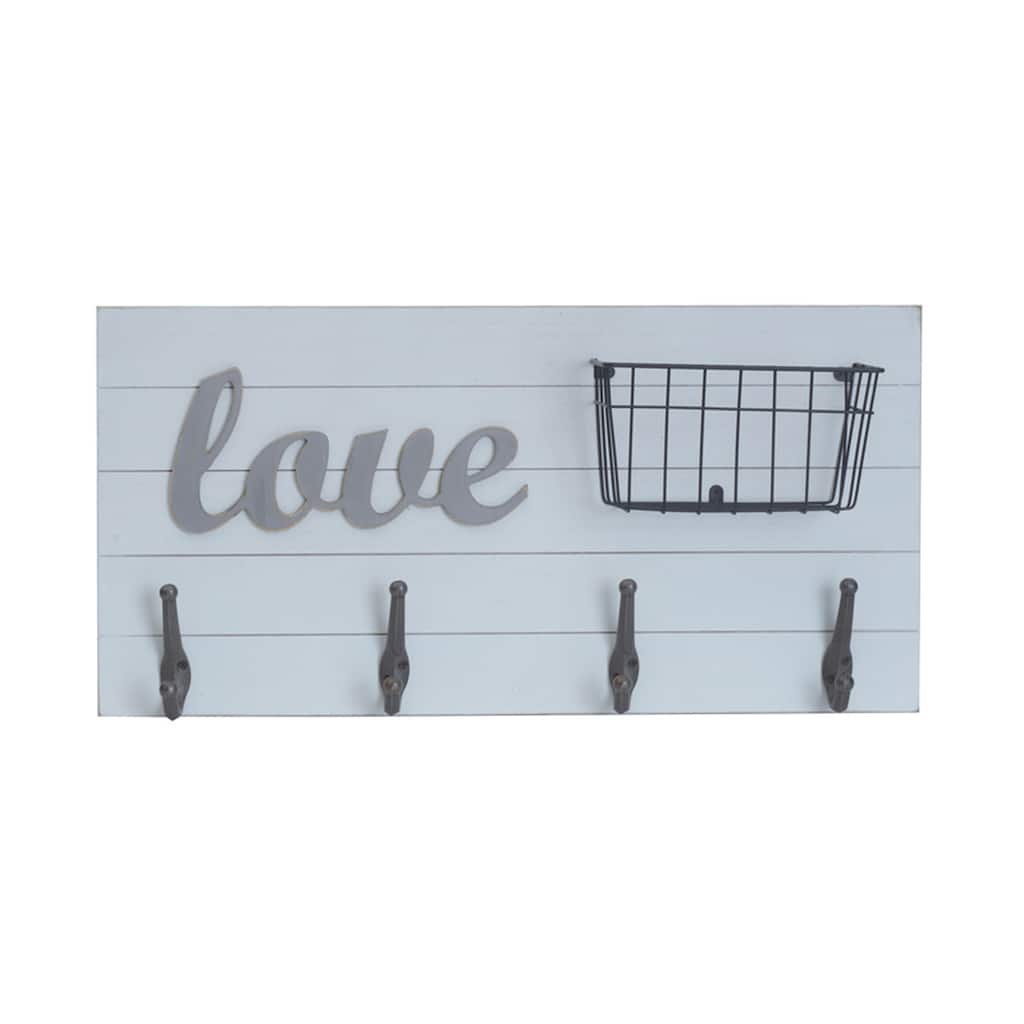 Melannco Love Wall Plaque with Metal Hooks and a Basket, 24 Inch