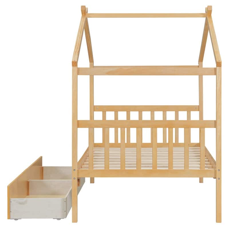 Twin Size Wooden House Bed with 2 Drawers