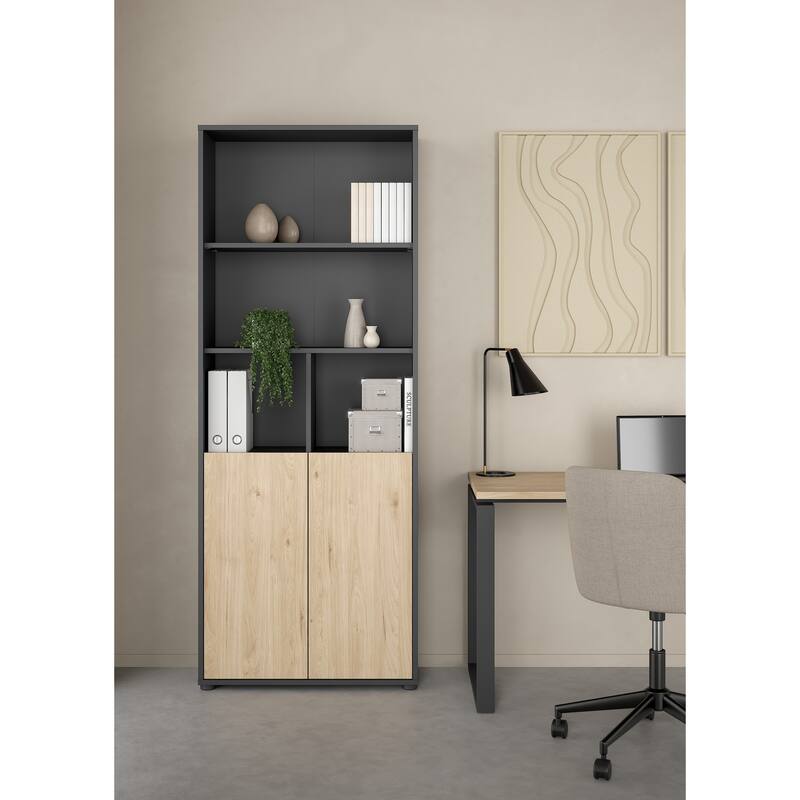 Carson Carrington Sign 6 Shelf Bookcase with 2 Doors, Home Office Storage - 13.5"D x 31.34"W x 80.59"H