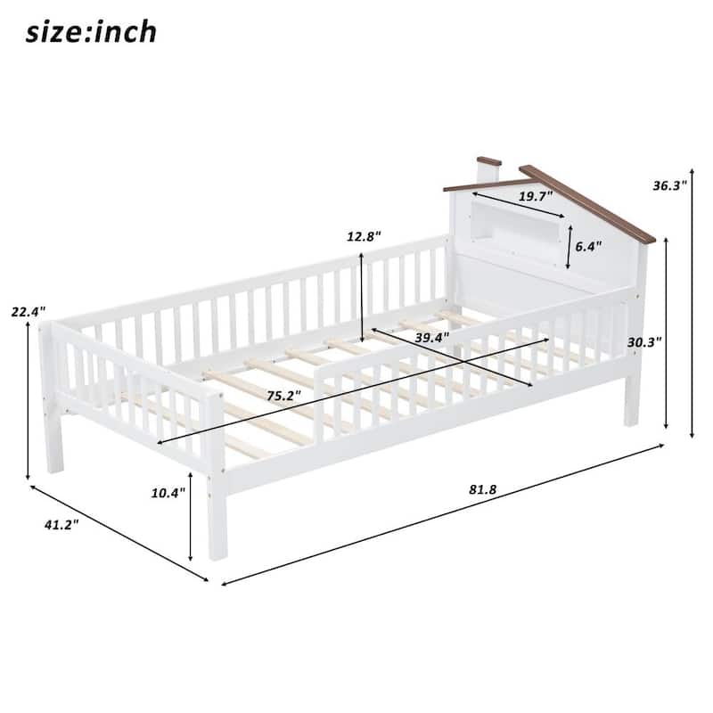 Wood Platform Bed with House-Shaped Headboard