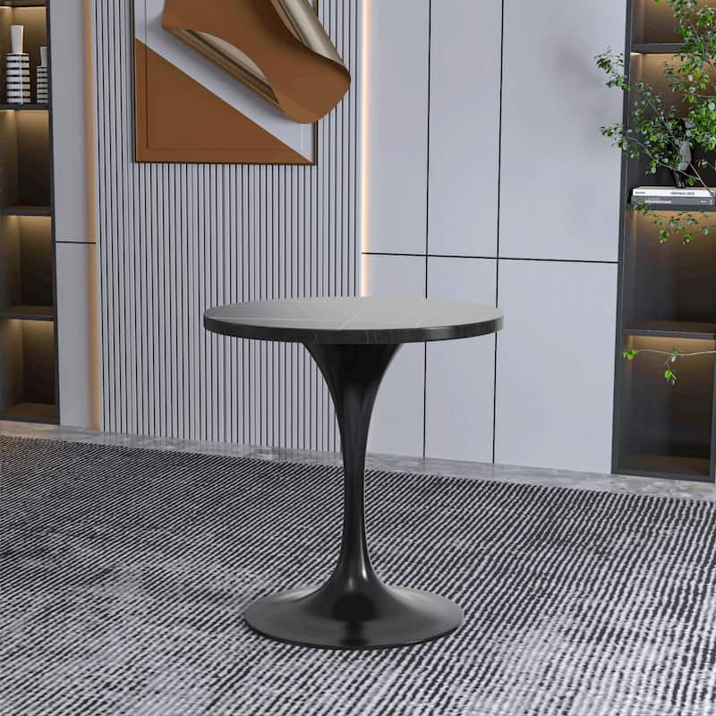 LeisureMod Verve 27" Round Dining Table with Sintered Stone TableTop and Black Steel Base for Kitchen & Dining Room - 27.56