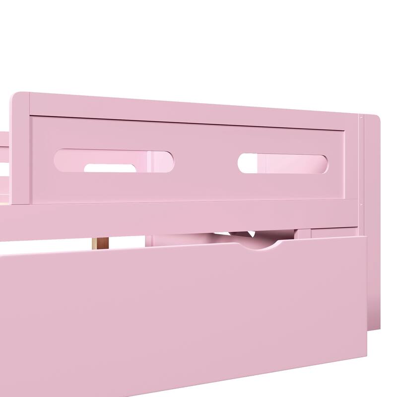 Kids Low Loft Bed with Stairs, Large Drawer and Guardrail, Semi-Enclosed Fence Platform Toddler Bed, Wooden Storage Daybed