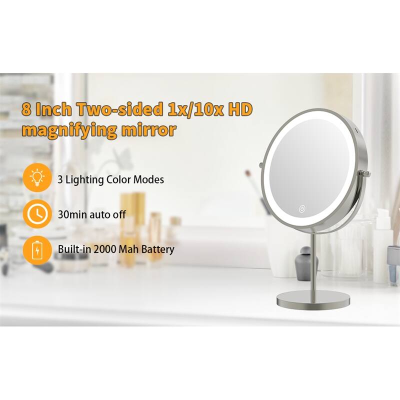 1X/10X 360 Rotation Makeup Mirror w/ Lights, 3 Color Lighting Dimmable