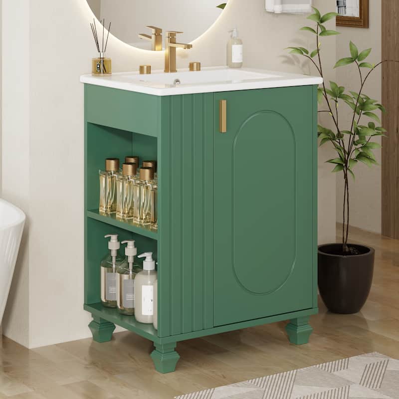 24" Bathroom Vanity with Sink, Bathroom Cabinet with Door Shelf, Side Open Storage, Solid Wood Frame,Soft Closing Door - Green