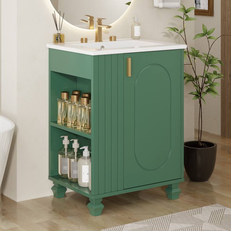 24" Compact Bathroom Vanity with Sink - Single Door Cabinet with Adjustable Shelf & Side Open Storage - Solid Wood Frame