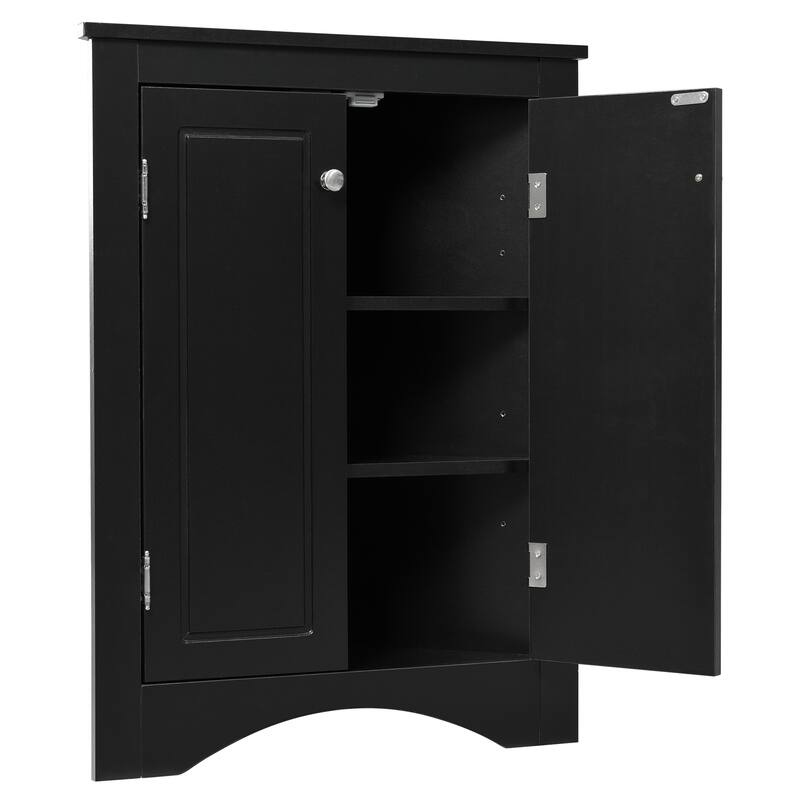 Triangle Corner Storage Cabinet, Freestanding Floor Cabinet, Double Door Bathroom Cabinet with 2 Tier Adjustable Shelves