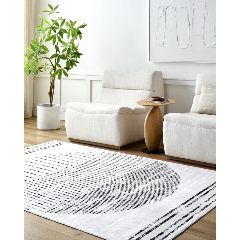 Livabliss Lavable Global Stripe Washable Area Rug - White/ Black - 2' 6" x 8'