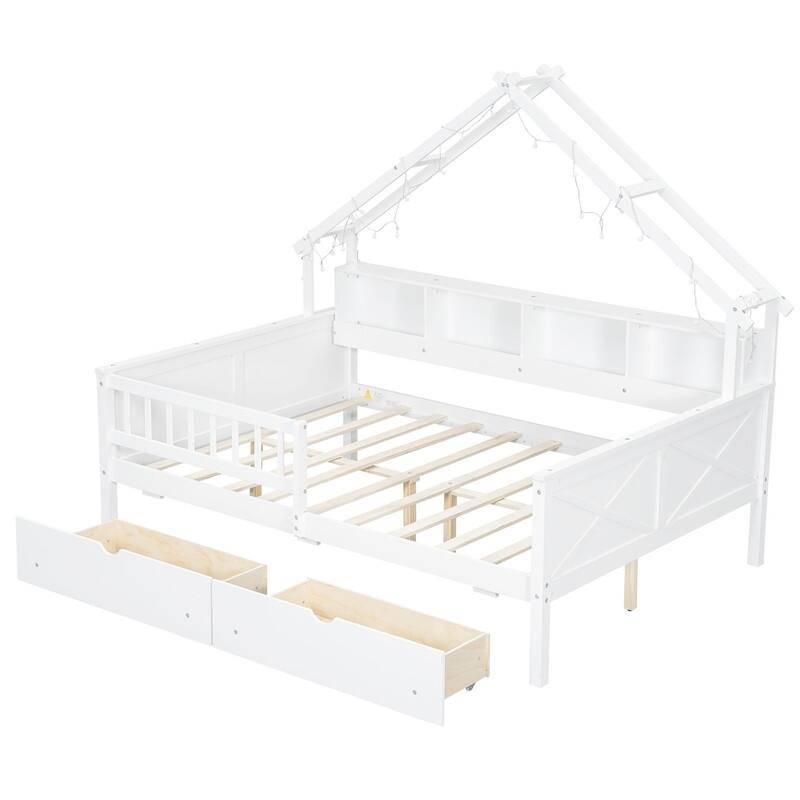Modern Full Size House Bed Frame with LED Light and Guardrail, Wood Kids Storage Platform Bed with Shelves and Drawers