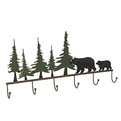 22 Inch Brown Metal Black Bear Family Wall Mounted Hook Rack - 11 X 22 X 2 inches