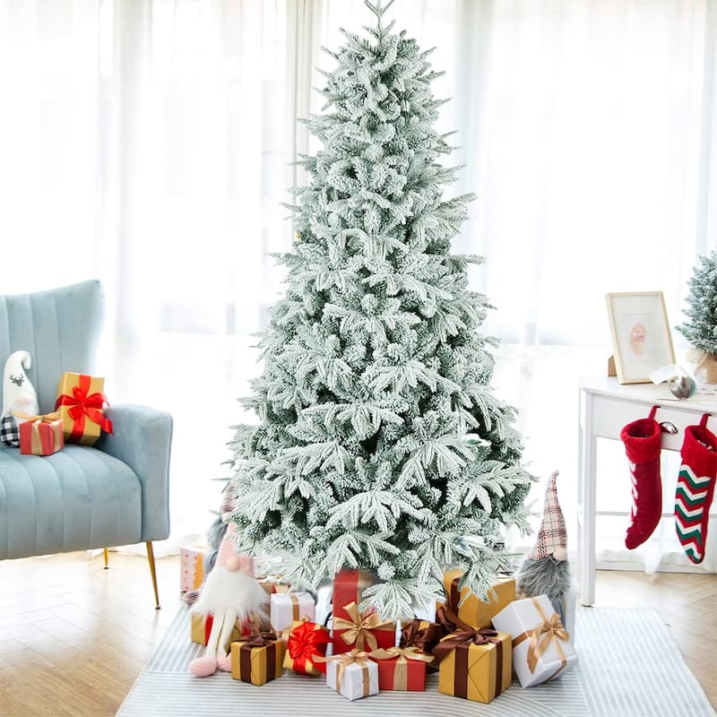 7FT Flocked Christmas Tree, Unlit Hinged, Snow Realistic Xmas Tree - Green&White - 7 Foot
