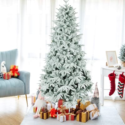 7FT Flocked Christmas Tree, Unlit Hinged, Snow Realistic Xmas Tree
