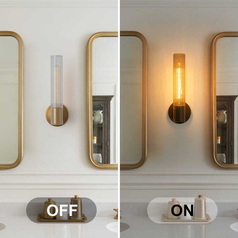 Modern Gold Wall Sconce with Glass Cylinder Shade - Elegant Lighting Fixture for Hallway, Bedroom, or Living Room - W4.3"