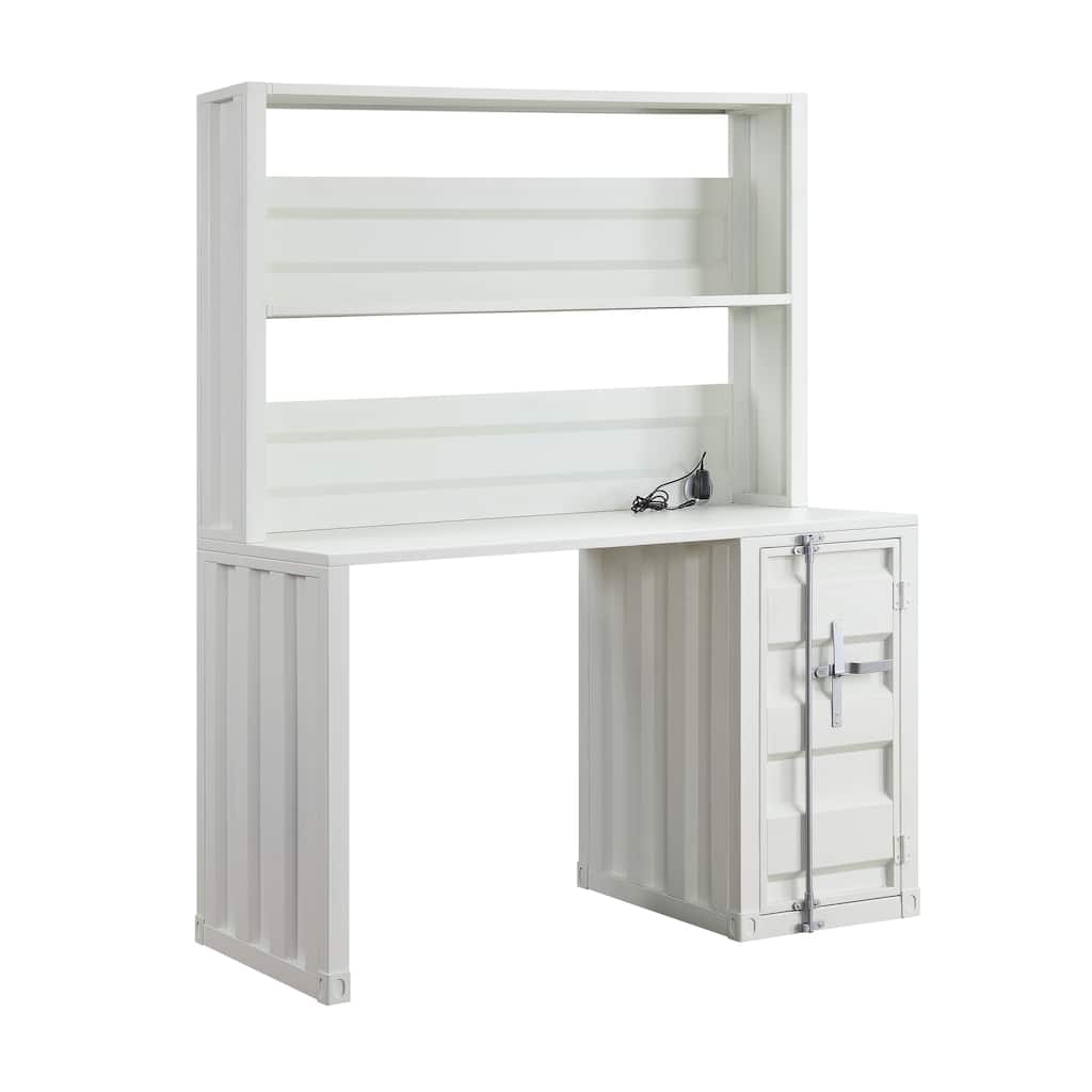 Metal Base Desk and Hutch with Slated Pattern and Storage Compartment, White