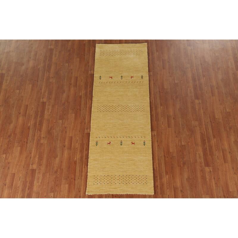 Tribal Gabbeh Oriental Runner Rug Handmade Green / Yellow Wool Carpet - 2'9"x 7'11"