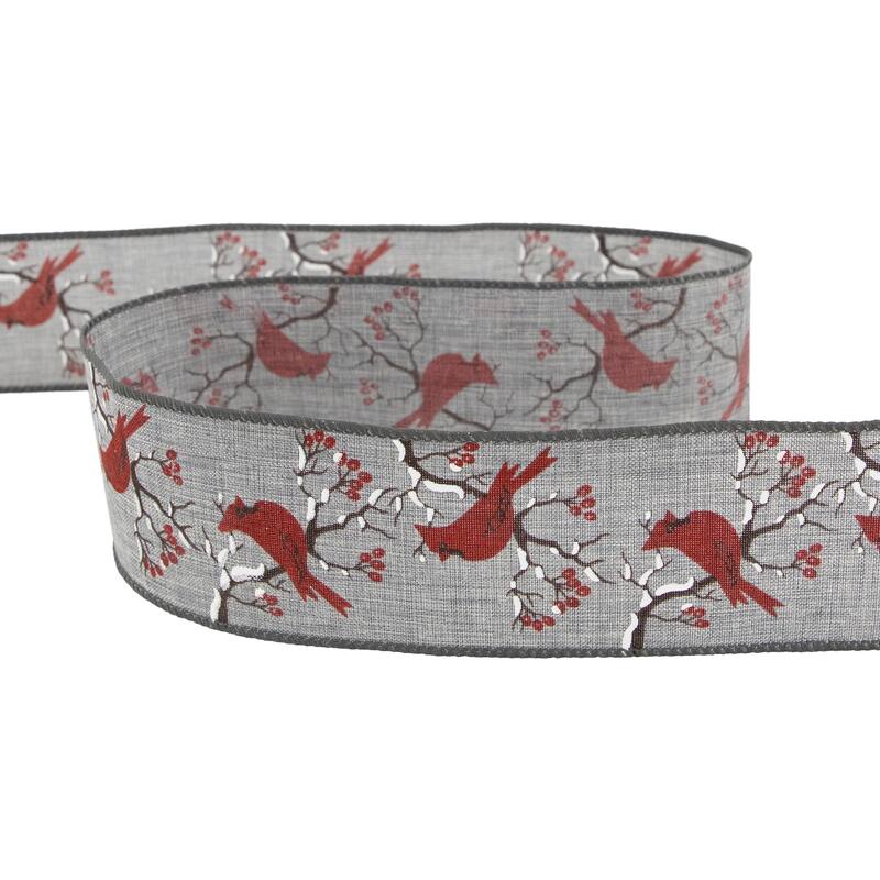Gray and Red Cardinal Wired Craft Christmas Ribbon 2.5" x 10 Yards