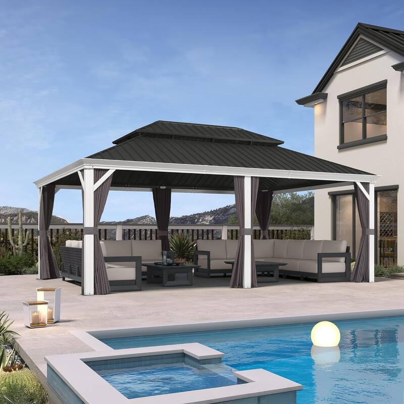 PURPLE LEAF Patio Hardtop Gazebo Pro for Outdoor Grey Galvanized Steel Double Roof White Aluminum Poles - 14' x 20' - White Pro