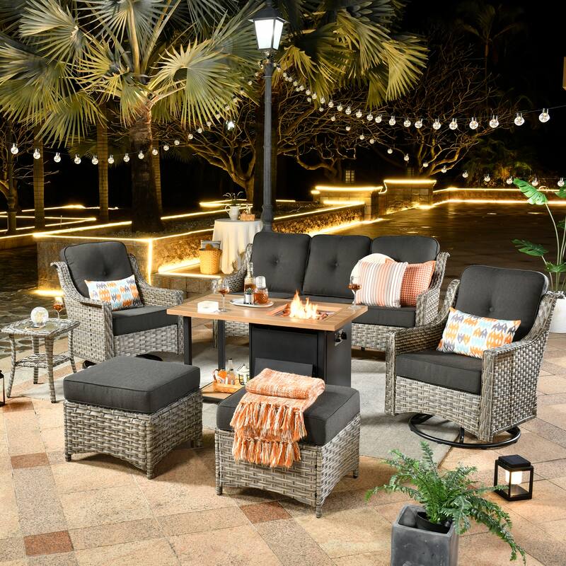 HOOOWOOO 7-piece Wicker High Back Patio Furniture Swivel Rocker Set with Fire Pit
