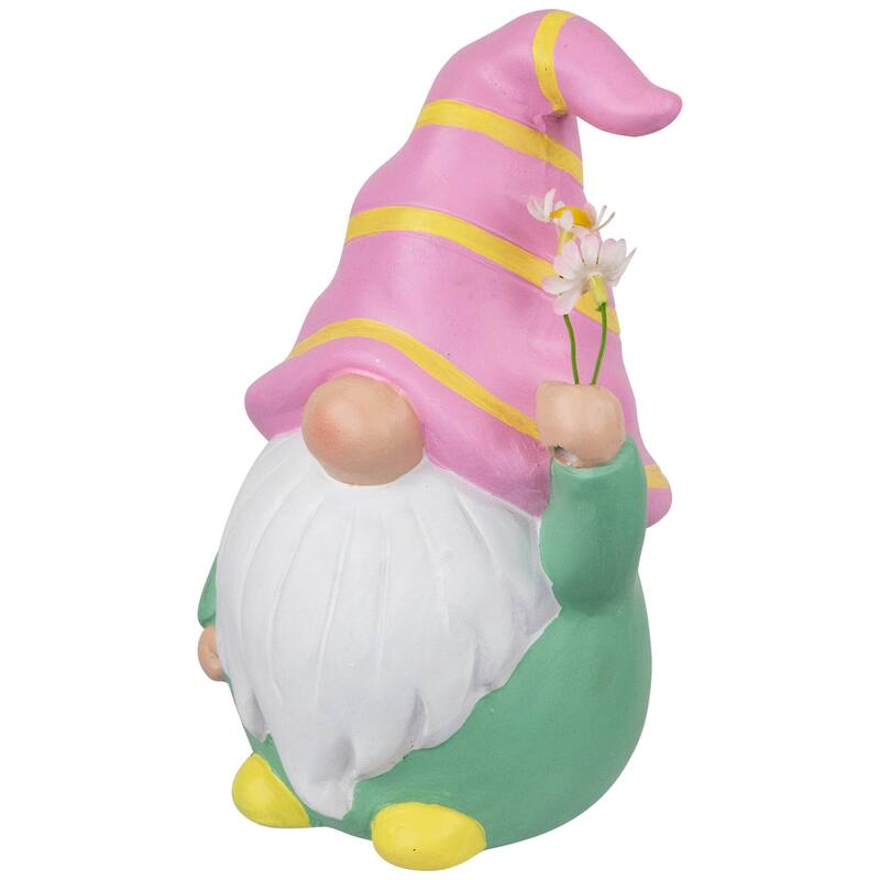 Gnome Holding Flowers Spring Figurine - 8" - Pink and Green