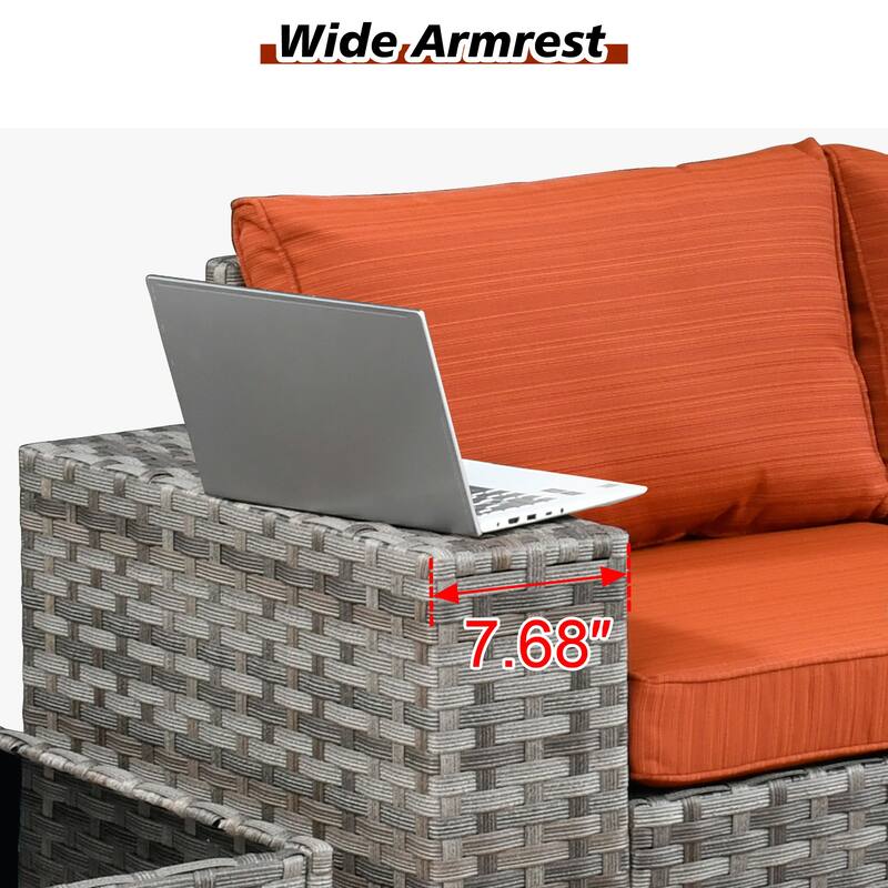 HOOOWOOO 9-piece Wicker Outdoor Modular Wide Armrest Sectional Set Fire Pit Set