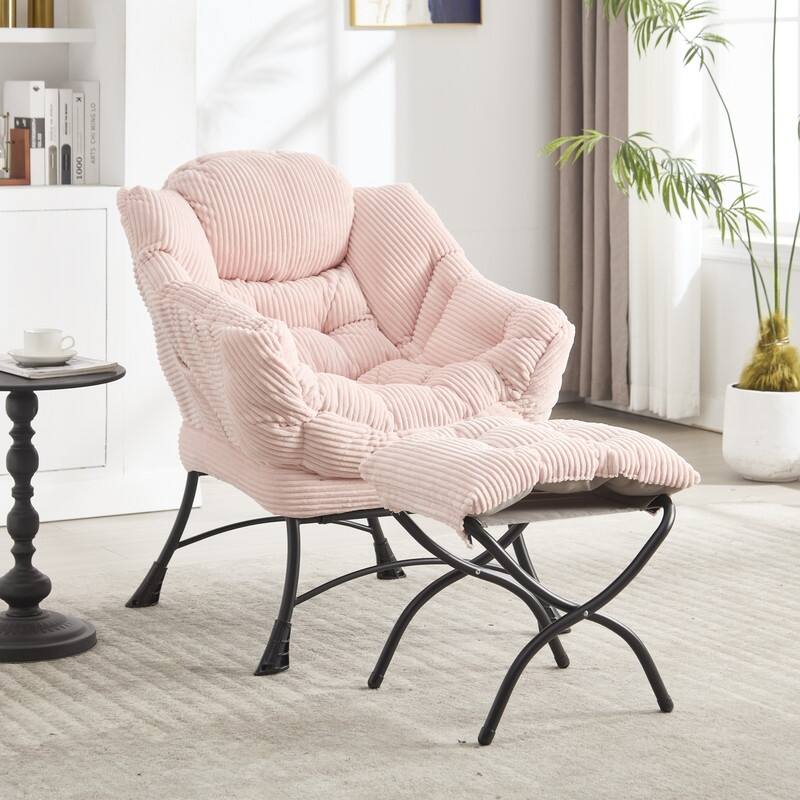 Modern Lounge Chair with Ottoman - Plush Reading Accent Chair with Footrest and Side Pocket - Pink