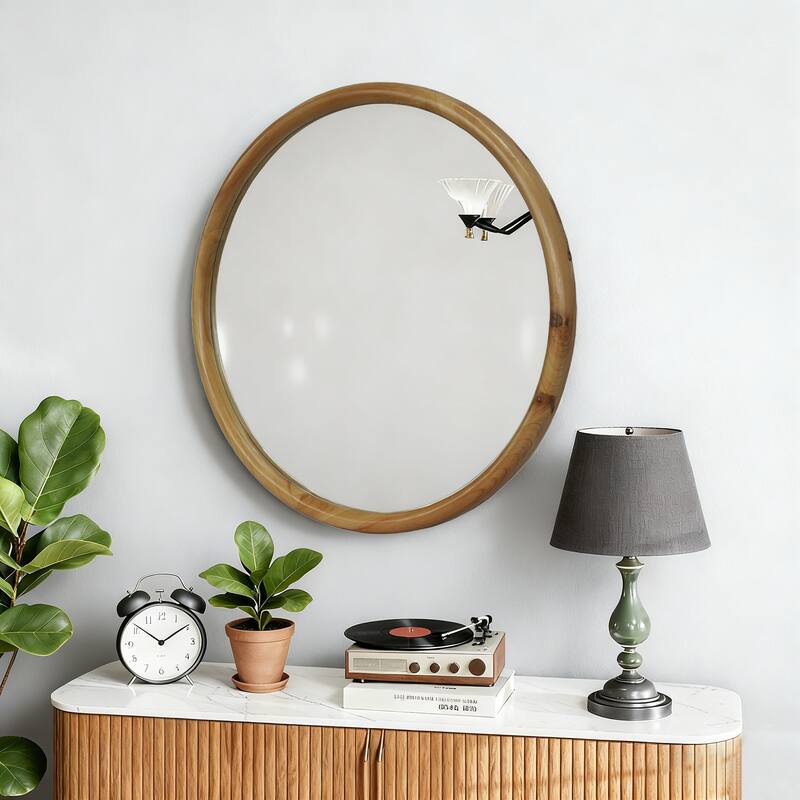 Round Wood Framed Wall Mirror, 23.62" Natural Wooden Circle Mirror for Bathroom, Bedroom, Entryway, Mid-Century Modern
