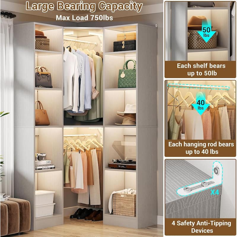 Kyrvo Corner Closet System with 12 Shelves and 2 Hanging Rods, 40"W x 80"H Freestanding Walk-in Closet Organizer System