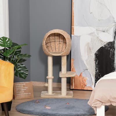 PawHut Cat Tree with Sisal Scratching Post Condo and Hanging Rope 44.5" H, Beige