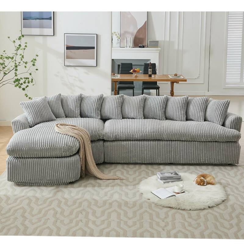 127" Corduroy L-Shaped Sectional Sofa with 10 Back Cushions